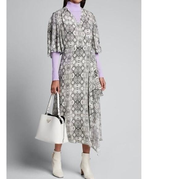 LES REVERIES Beige Python Snake Skin Print Wrap Flutter Sleeve Silk Dress - Sz 0 - Picture 3 of 9